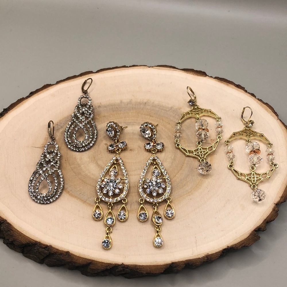 Formal rhinestone-crystal dazzling dressy statement glam earrings lot 3 pairs.